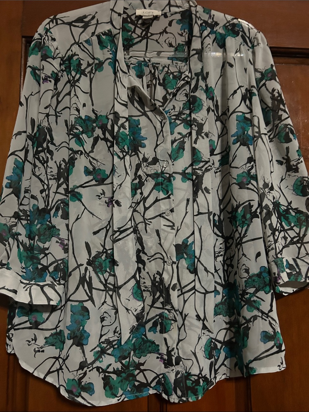 LOFT Teal Floral Button-Front Blouse on White